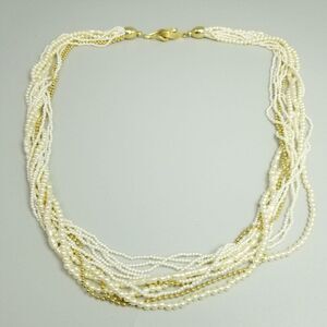 Vintage Faux Pearl and Gold Tone Multi Strand Long Beaded Necklace, Hook Clasp